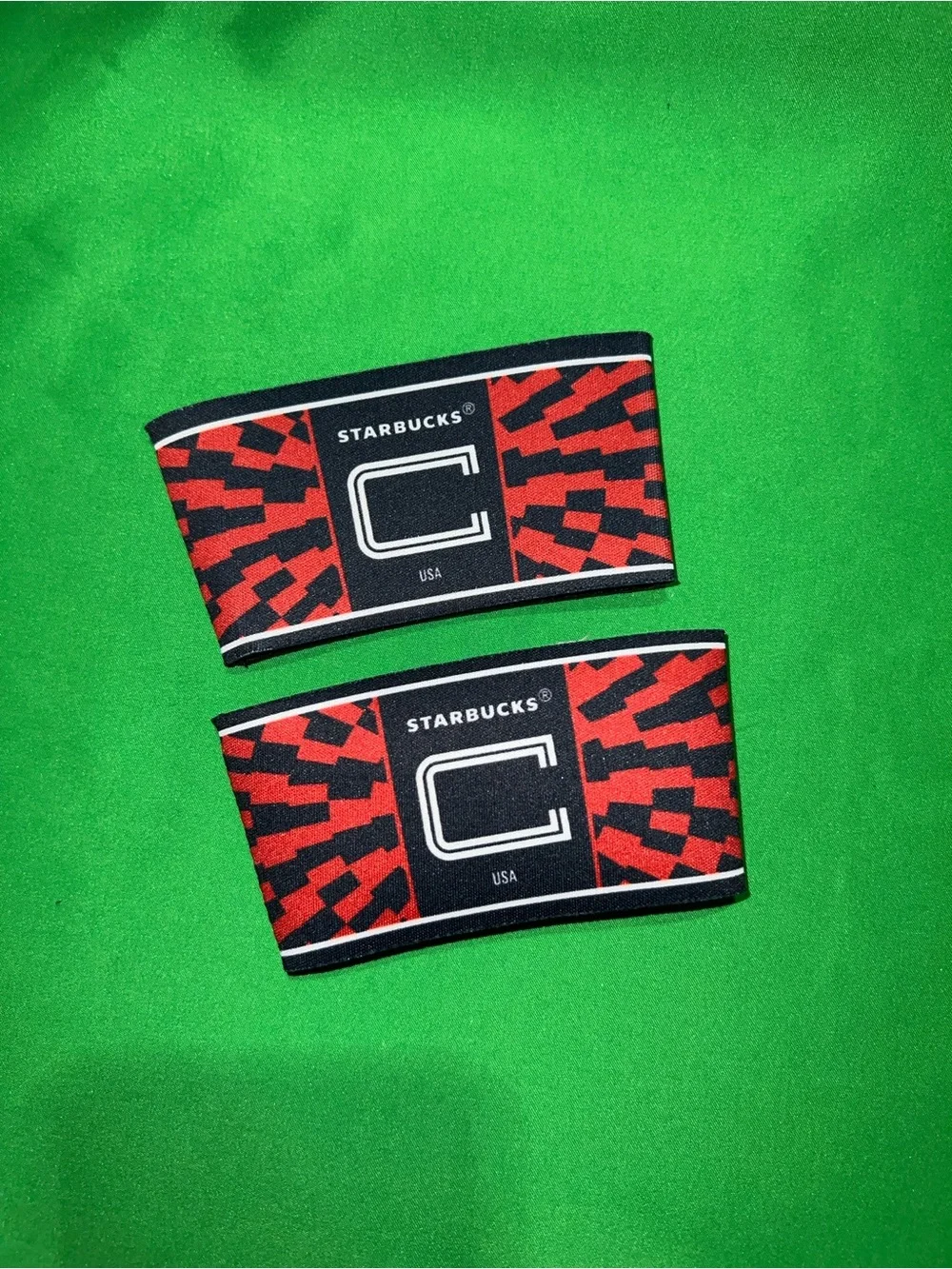 (2) Starbucks USA C Red Geometric Reusable Cup Sleeves MLS FIFA SOCCER FOOTBALL